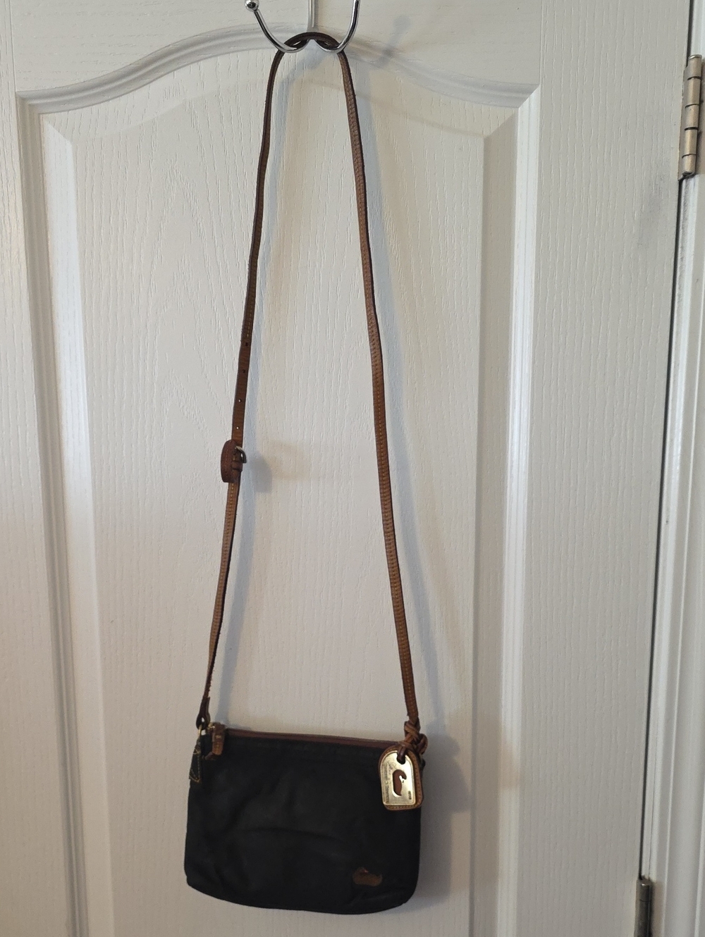 Vintage Dooney & Bourke Black Crossbody Bag with Tan Strap